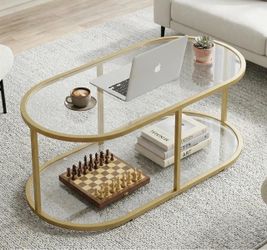 New Gold Glass Coffee Table, 2 Tiers Oval Center Table with Sturdy Metal Frame