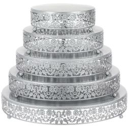 5 Pcs Metal Silver Cake Stand,16/14/12/10/8 In Round Cake Holder Pure Silver Design,Create Elegant Looking,Dessert Table Cookies Fruit Cupcake Serving