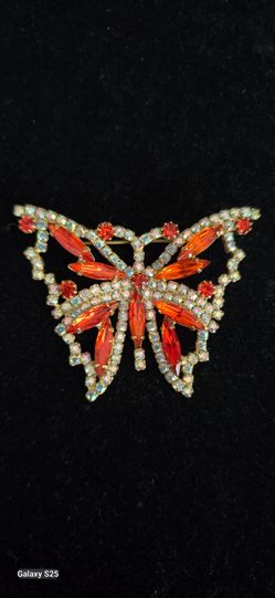 Vintage Rhinestones Butterfly Brooch, Orange and AB