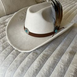 Stunning Custom Made Suede Cream Cowboy Hat with Feather and Turquoise Accents
