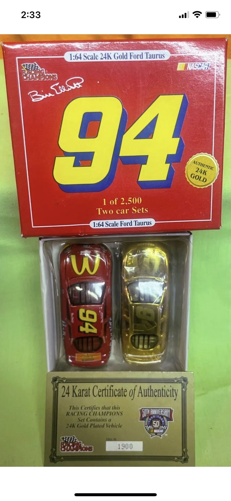 Vintage 1998 McDonalds Racing Champions 2 Car Set #94  Bill Elliot 24K Gold 1:64 Scale Die Cast Car 