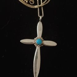 Vtg.Southwestern Sterling Silver SLEEPING BEAUTY Turquoise CROSS pendant Necklace-18 In.q