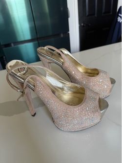 Crystal embellished beige platform stilettos