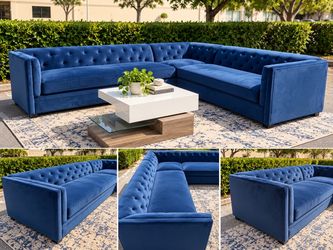 Beautiful Royal Blue velvet sectional cushion pillow sofa couch modern contemporary