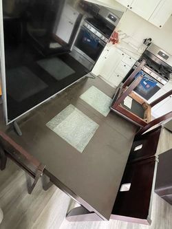 Dark Wood Dining Table with Broken Glass Inserts