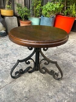 Vintage Mid Century Rustic Oak and Wrought Iron Side Table