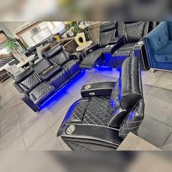3 Pieces Black Breathable Leather functional Sofa Set