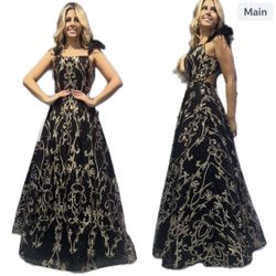 New With Tags Glitter With Feather Sleeve Trim Ball Gown $279