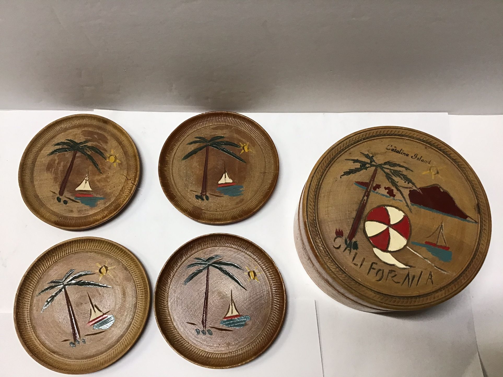 Vintage California Wood Coasters in Container Catinlina Island Hand Painted & Carved