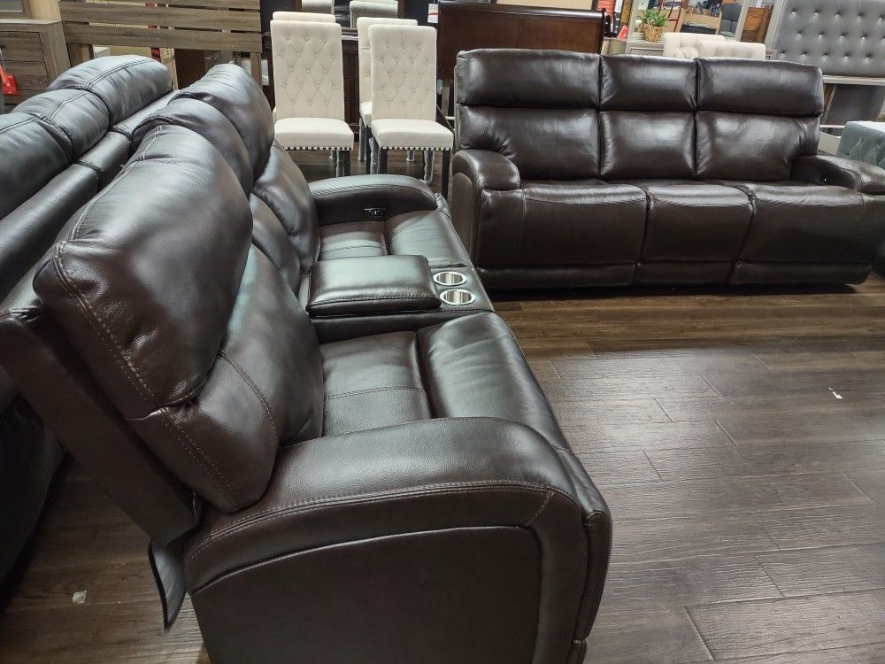 New Top Grain Leather Sofa And Love Seat With Four Power Recliners