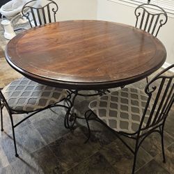 High End Heavy Wood & Wrought Iron Dining Table & 4 Matching Iron/Upholstered Chairs