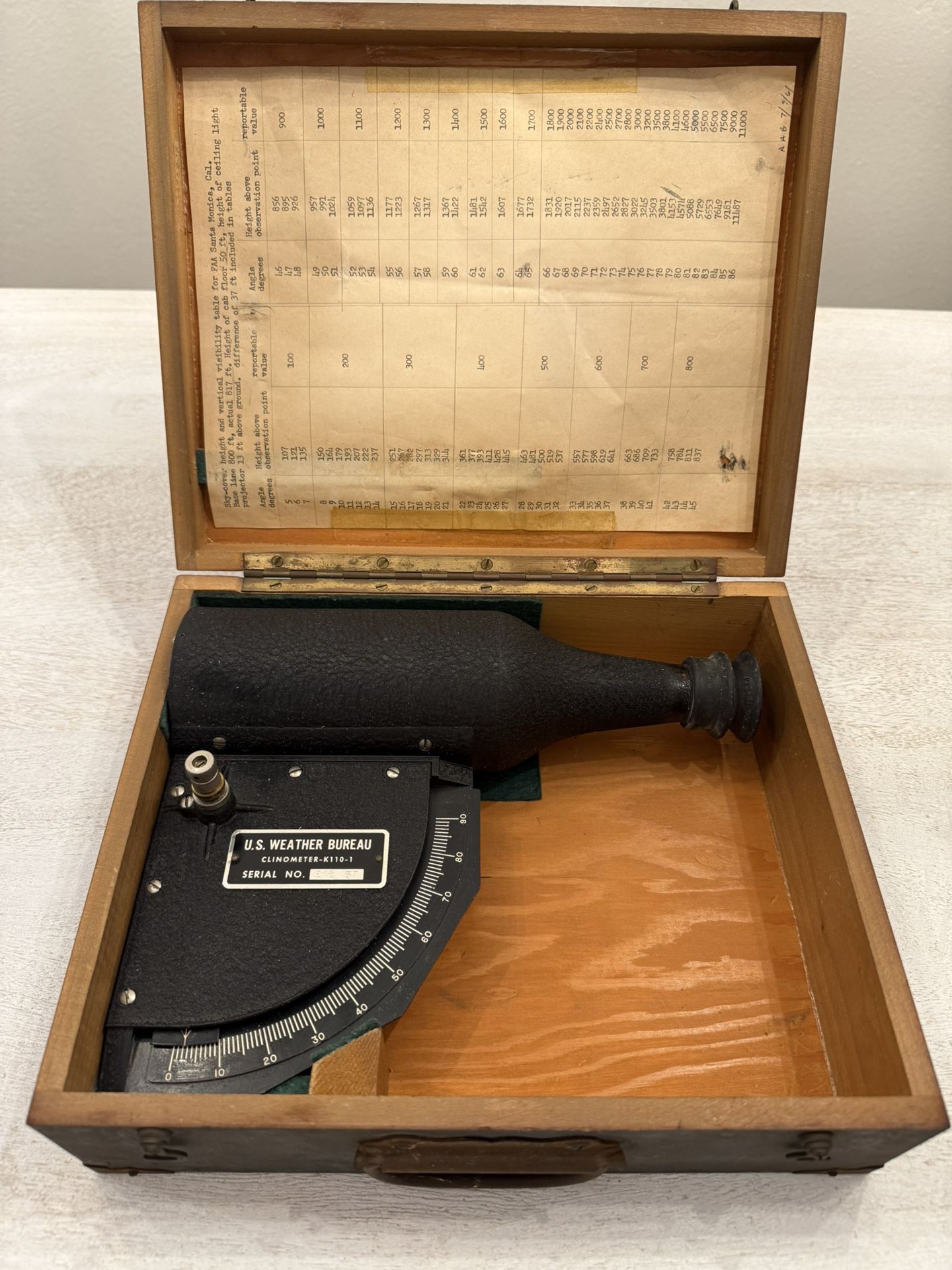 U. S. Weather Bureau Antique WARREN KNIGHT Sight Clinometer No 209 In Wood Box - Excellent Condition.