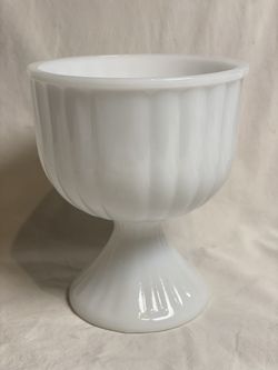 Vintage Milk Glass Pedestal Compote Vase Bowl Ribbed Sides