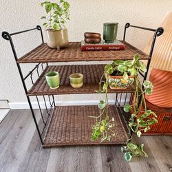 Vintage 3-Tier Wicker & Metal Shelf / Bookcase | Boho, Coastal, Rattan Style