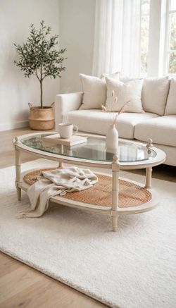 Oval Glass Top Coffee Table with Cane Shelf by Lane Altavista furniture  antique vintage
