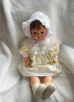 ANTIQUE 27" BABY doll CLOTHES Linen Dress and BONNET