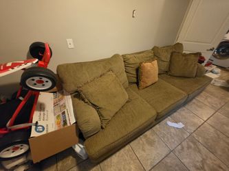Large Olive Green Fabric Sofa with Pillows