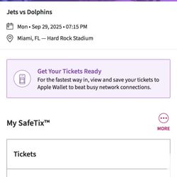 Jets vs Dolphins 9/29 MNF Sec 107 Row 7 Seat 11/12