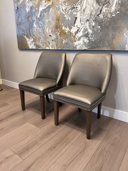 Pair of Pewter Silver Parson Chairs With Silver Nailhead Trim and Solid Wood Flared Legs