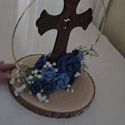 Centerpiece Demin Flower Wood Cross 