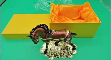Enamel Horse Trinket Box with Rhinestones and Coin Base