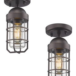 Emliviar 2 Pack Farmhouse Semi Flush Mount Ceiling Lights, Small Ceiling Lights for Porch, Clear Tempered Glass in Oil Rubbed Bronze Finish, GE255F-2P