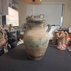 Vintage Aztec Style Looking Clay Handcrafted Amphora Pottery Vase Urn W/Incited Geometric Patterns 11" Tall