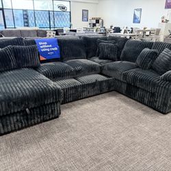 Dark Gray Corduroy Sectional Sleeper W/ Storage Chaise Set - EZ $10 Down Payment Options Available 