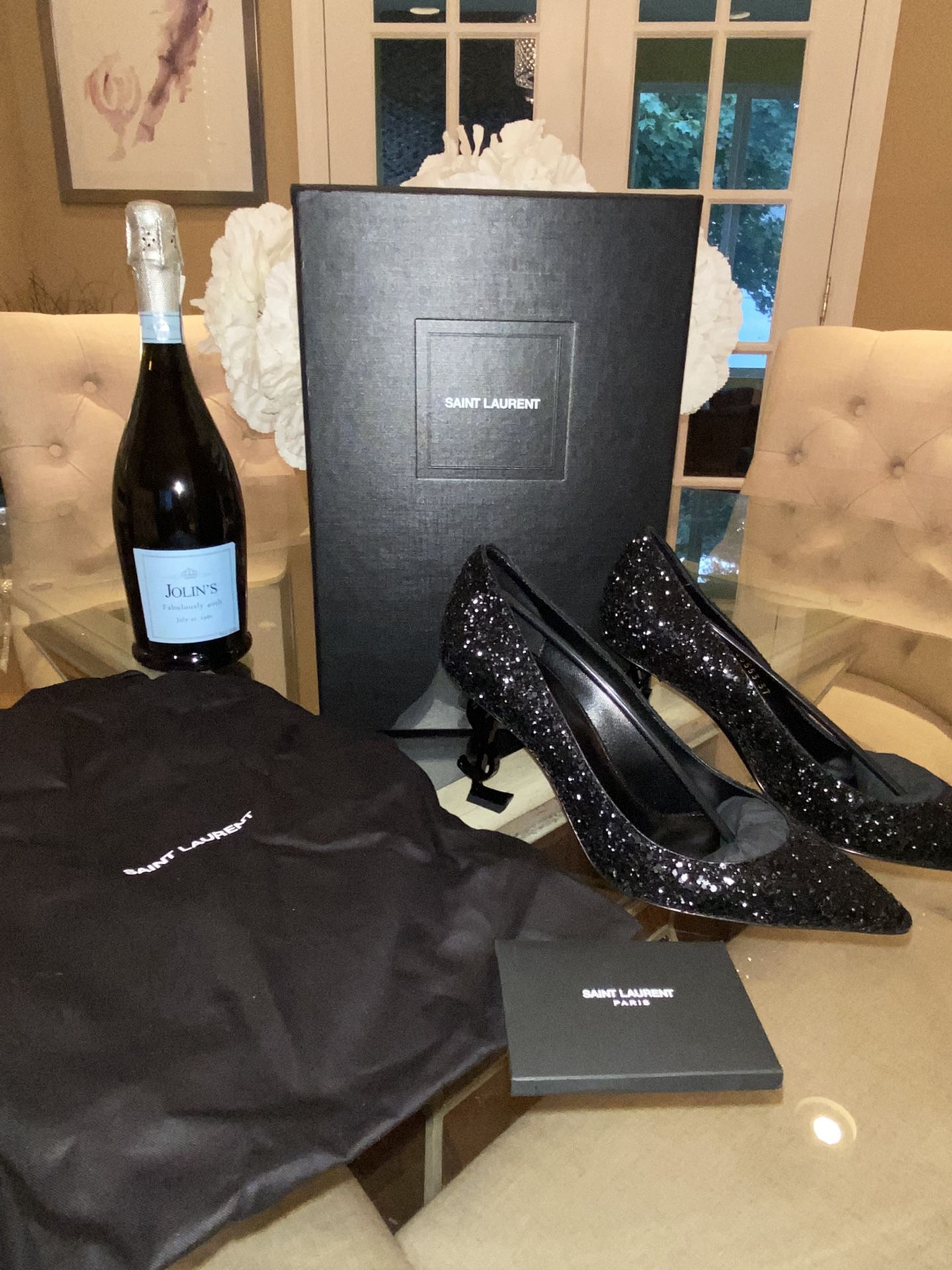 New YSL Yves Saint Laurent Glitter Opium 85 Voluntary Logo Heel Pumps US 7 EU 37 