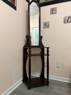 Tall Wood Vanity with Mirror & Shelves