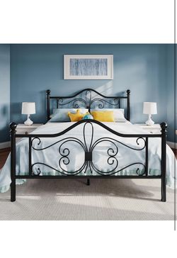 Black Metal Bed Frame with Scroll Headboard