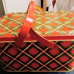 Red & Green Plaid Picnic  Basket Tin
