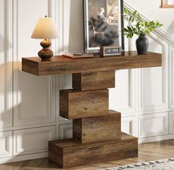 42.5" Farmhouse Console Table, Narrow Wood Sofa Table Behind Couch with Geometric Base, Industrial Entryway Accent Table
