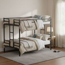 Queen Bunk Bed, Metal Bed Frame With Full-Length Guardrail and Ladder, Black,Custom mattress needed