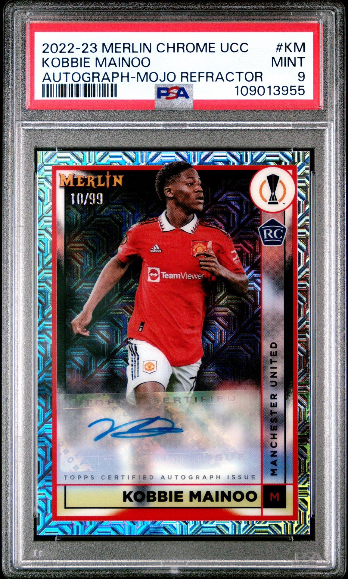2023 Topps Merlin Chrome Kobbie Mainoo Auto Mojo Refractor /99 #KM PSA 9 ManU