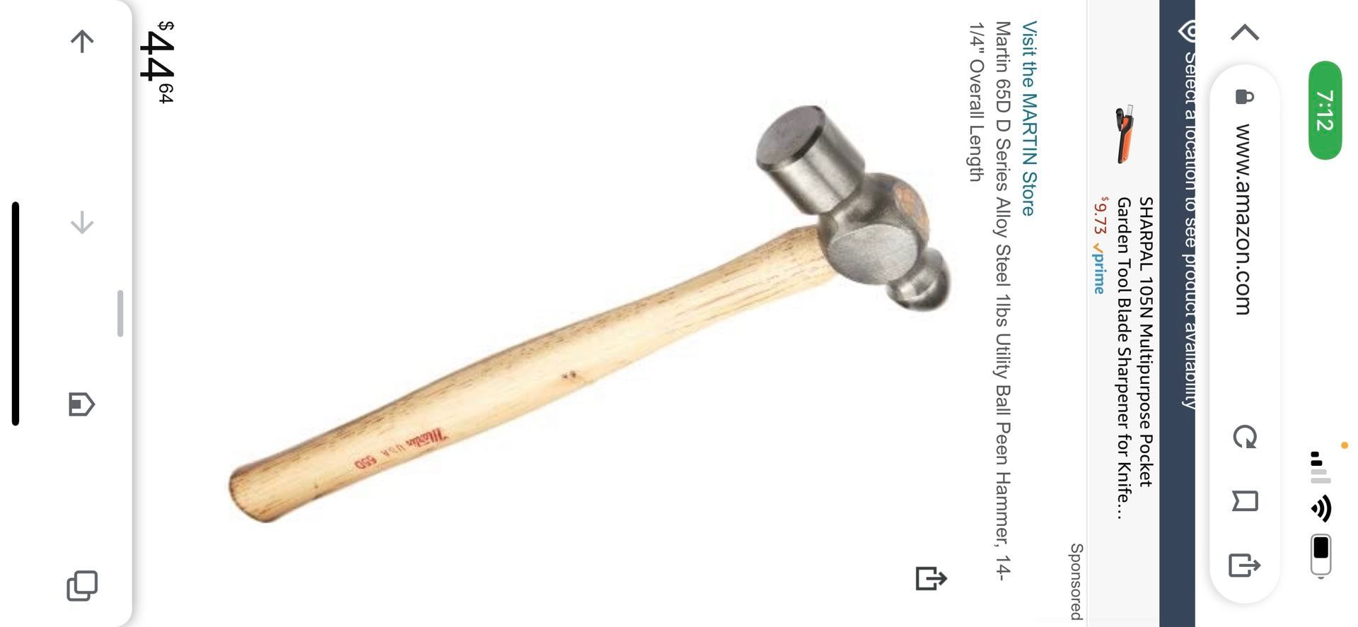 Martin 63D D Series Alloy Steel 8oz Utility Ball Peen Hammer, 11-5/8" Overall Length