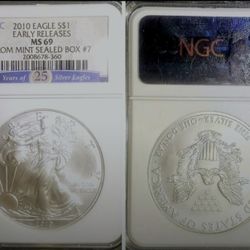 2010 NGC  S$1 EAGLE MS69 FROM MINT SEALED BOX #7 25TH ANNIVERSARY LABEL 