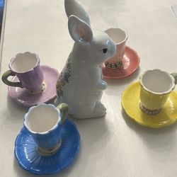 Easter decor bunny with teacups and saucer set