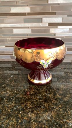 Vintage Bohemian Czech cranberry glass footed bowl, beautifully detailed with wide gold trim and hand-painted enamel floral motifs.