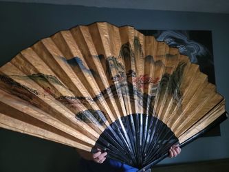 Large Vintage Asian Hand-Painted Folding Fan