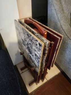 Linon Faux Marble Wood 4 TV Trays Set With Stand
