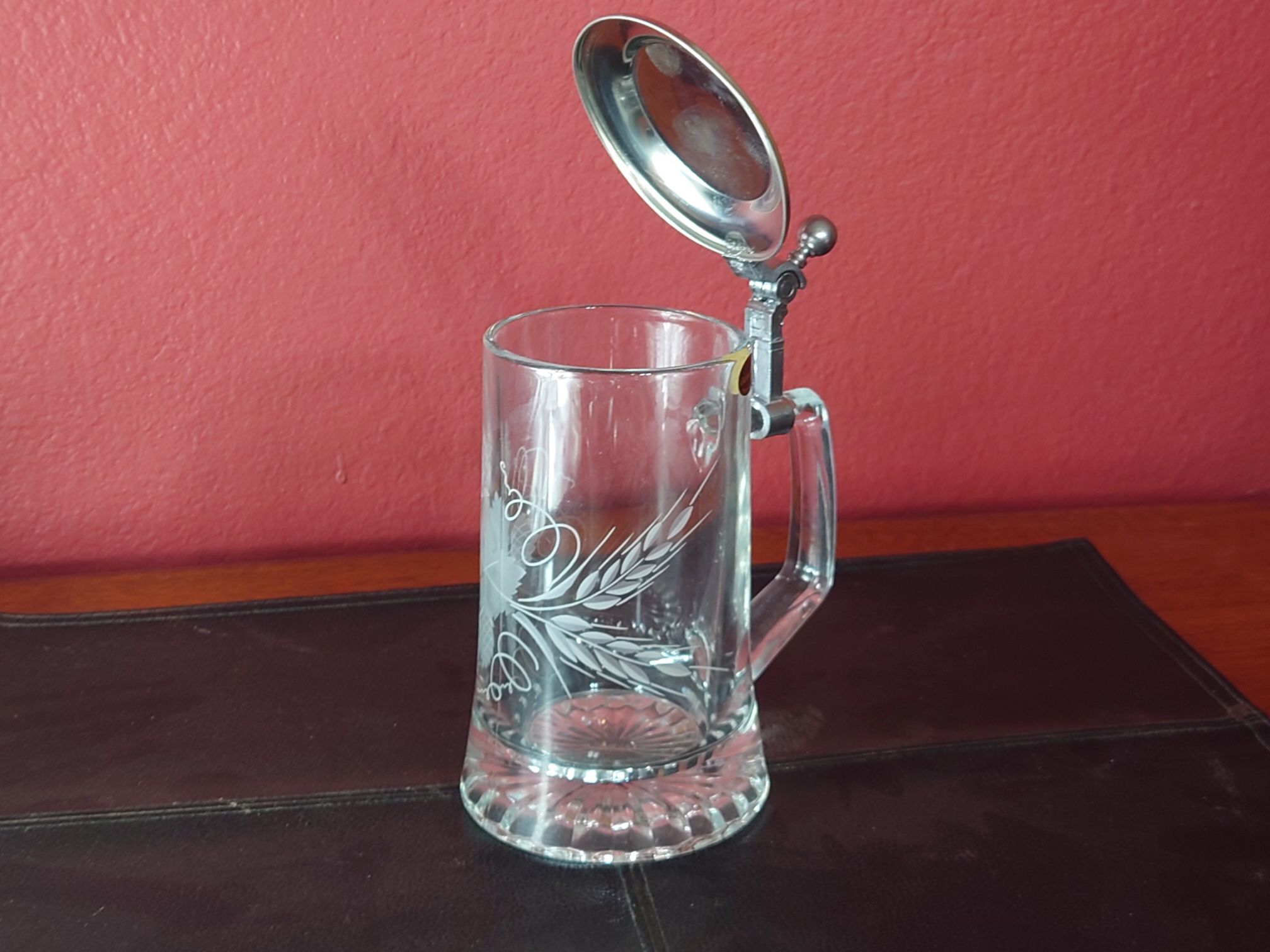 Beautiful Etched Beer Stein with Pewter Lid
