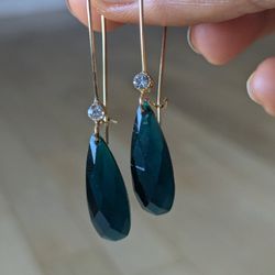 14 K Yellow Gold London Blue Simulated Topaz Earrings And Cubic Zirconia Large Teardrop 2.5". Stunning!