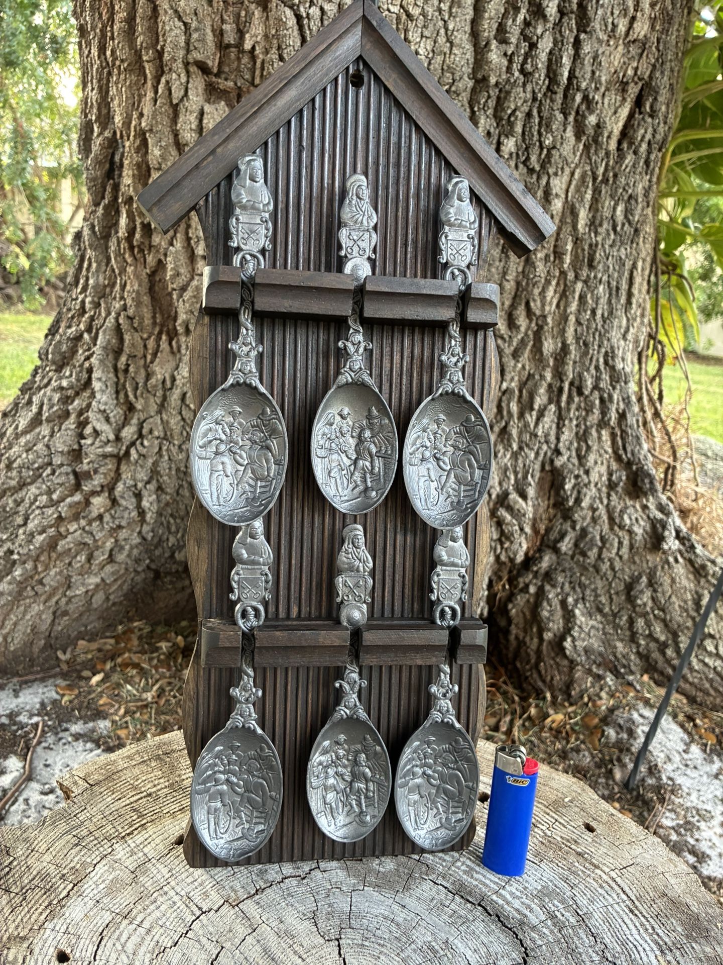 Vintage Dutch Decorative Pewter Soft And Malleable Spoons (soft Metal) Decorative Purposes Only. The Tooth Master Scene By Jan Steen