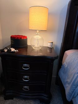 Black 3-Drawer Nightstand with Silver Handles + Lamp
