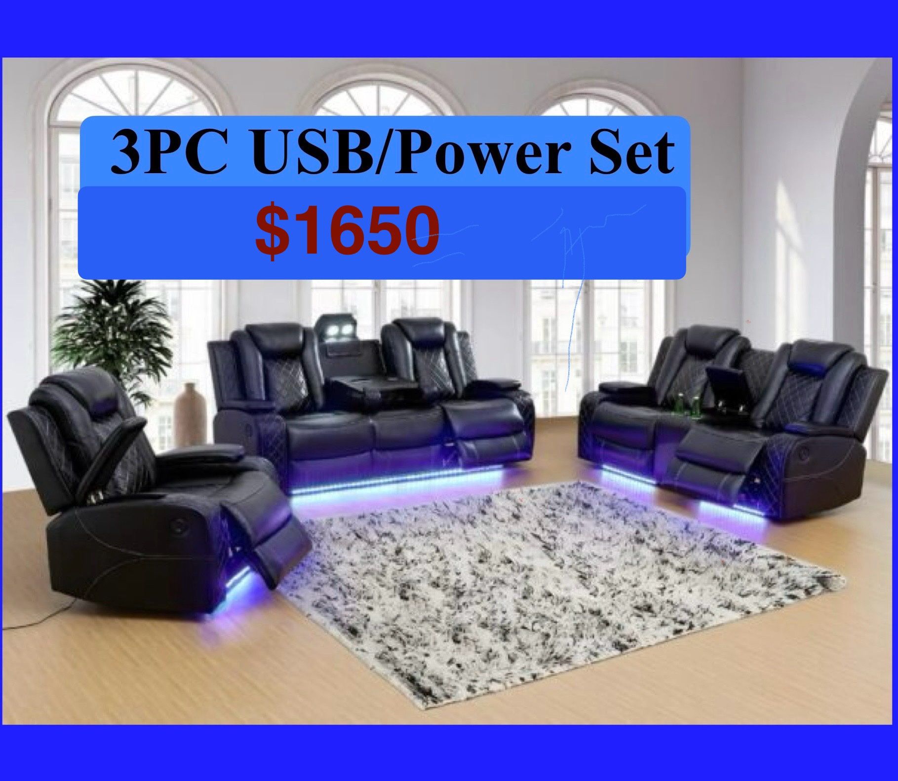FREE DELIVERY — Brand new 3PC POWER, USB, LED Reclining Sofa Loveseat Chair 
