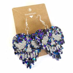Drippy skulls Halloween earrings with purple blue black silver glitter new