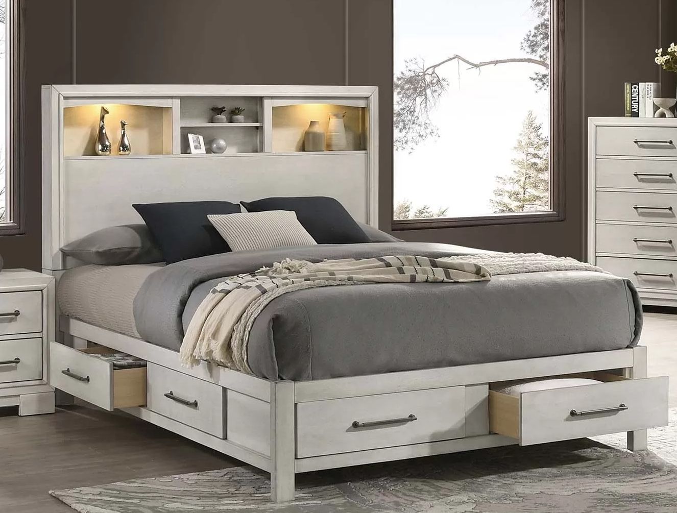 Queen Platform Bed - Bookcase Headboard with Built-In LED Lights
