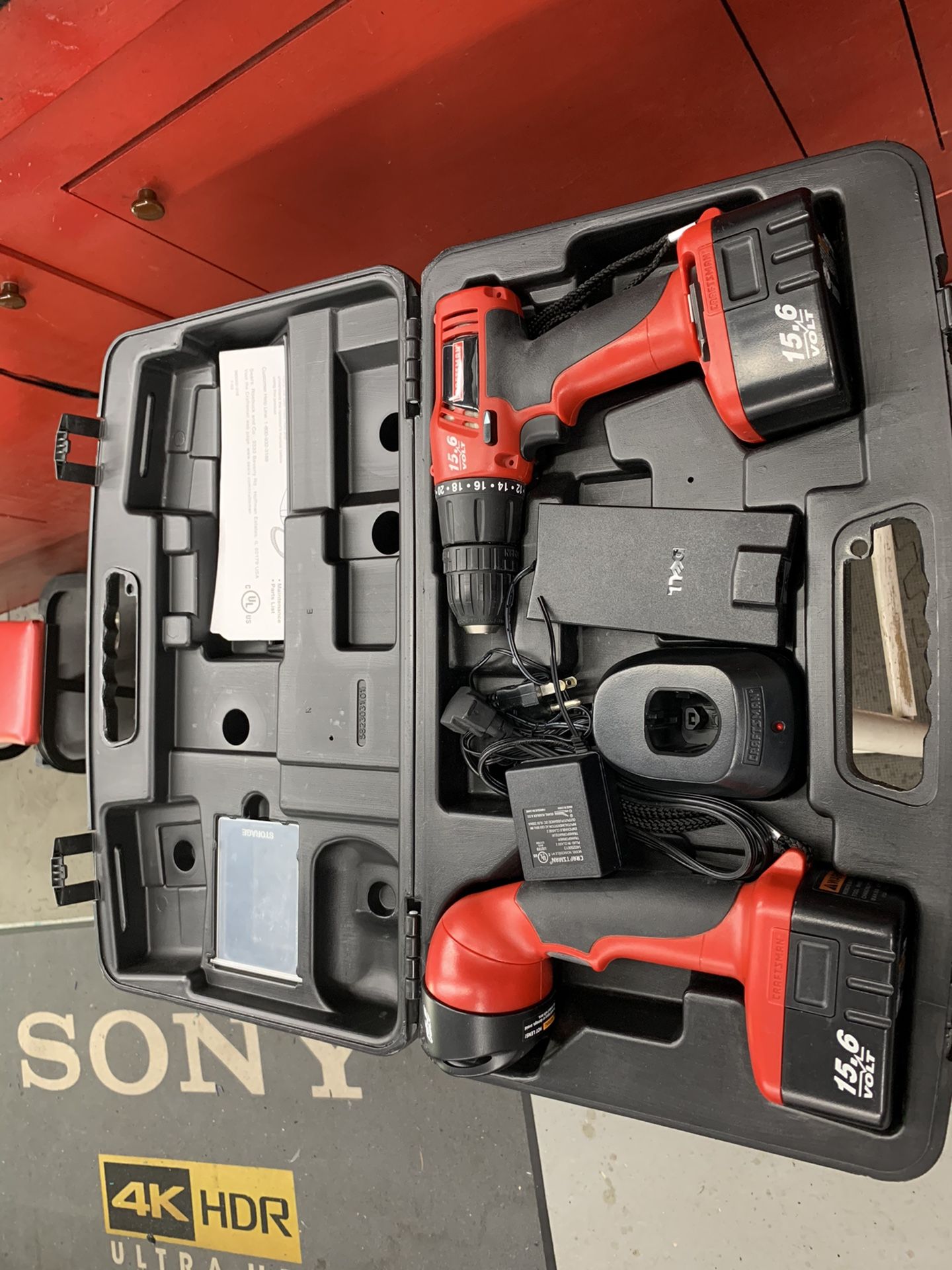 Complete craftsman V cordless drill and flashlight with carrying