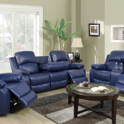One Day Anniversary Sale Blue Leather Fully Reclining Couch Set